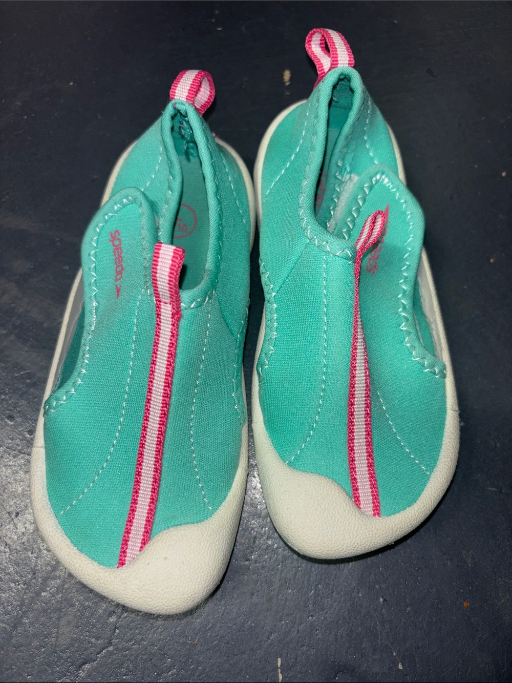 Kids SPEEDO Teal Slip-On Water Shoes with Pink Stripe